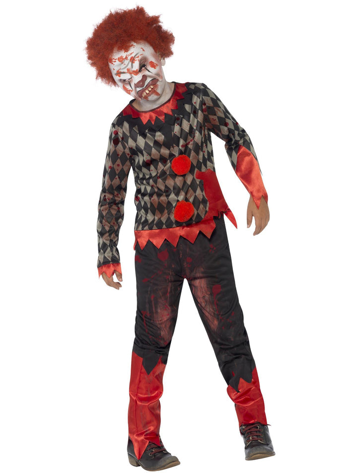 Deluxe Zombie Clown Costume Kids Red Black Top and Trousers Latex Mask with Hair 1