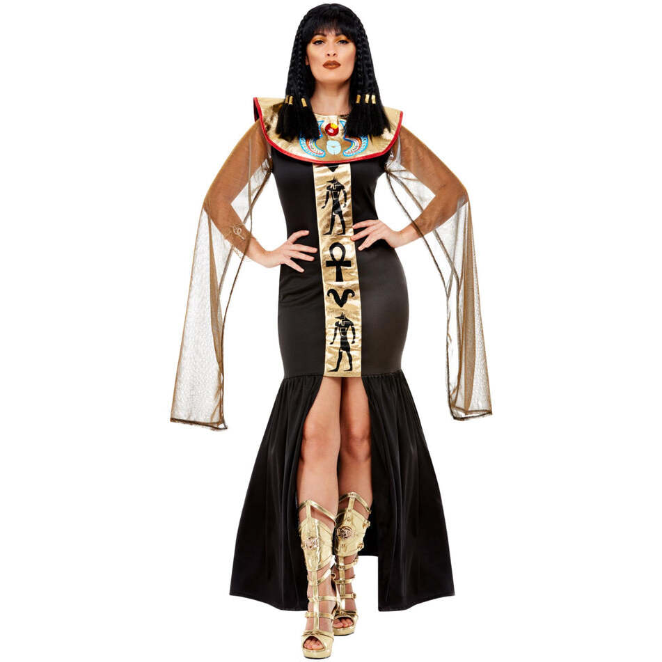 Egyptian Goddess Costume Long Black Dress With Gold and Black Hieroglyphics Print With Bronze Coloured Cape 1