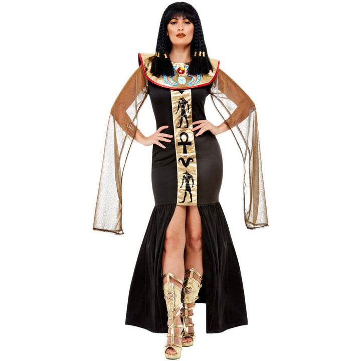 Egyptian Goddess Costume Long Black Dress With Gold and Black Hieroglyphics Print With Bronze Coloured Cape 1