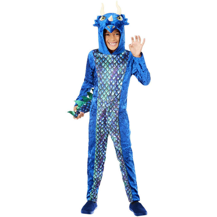 Dinosaur Onesie Costume Kids Blue Hooded All In One 1
