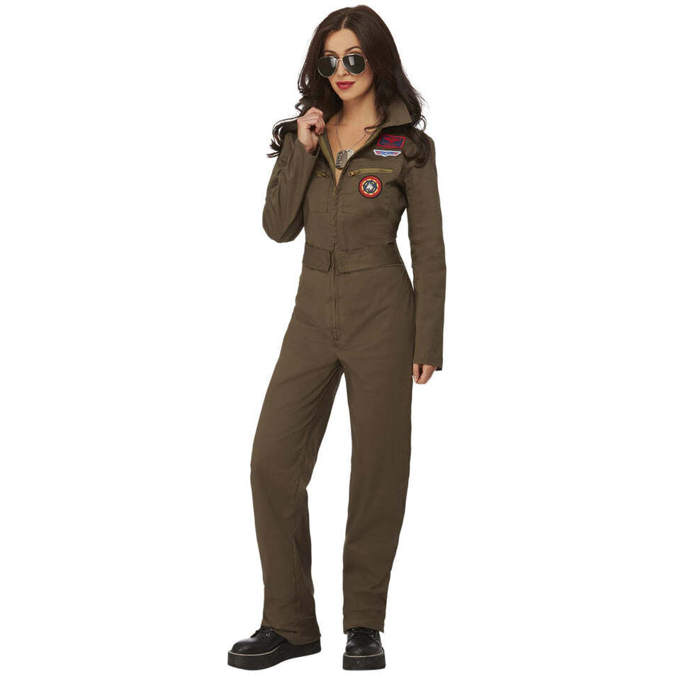 Top Gun Ladies Costume Green Khaki Aviator Flight Suit with Attached Flight Badges and Belt 1