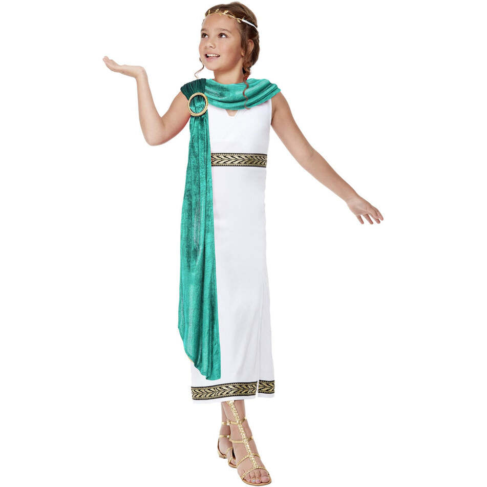 Deluxe Girls Roman Empire Costume White Tunic Dress With Gold and Black Detail Velvet Turquoise Sash 1