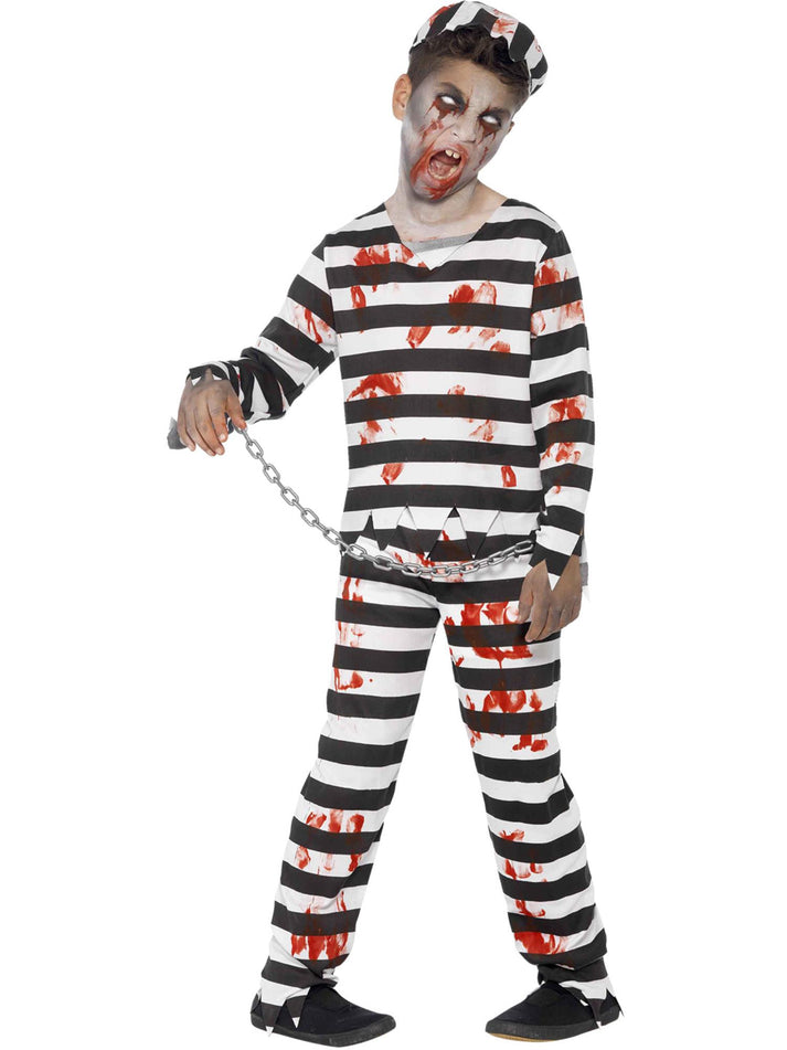 Zombie Convict Costume Kids Black and White Trousers Top Hat and Wrist Cuffs 4