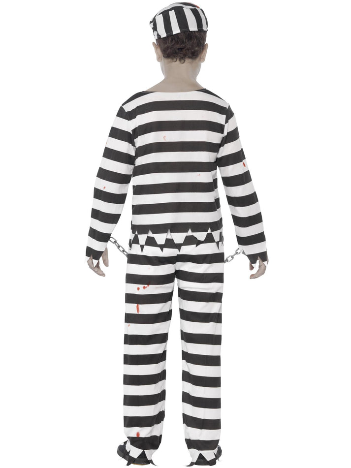 Zombie Convict Costume Kids Black and White Trousers Top Hat and Wrist Cuffs 3