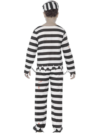 Zombie Convict Costume Kids Black and White Trousers Top Hat and Wrist Cuffs 3
