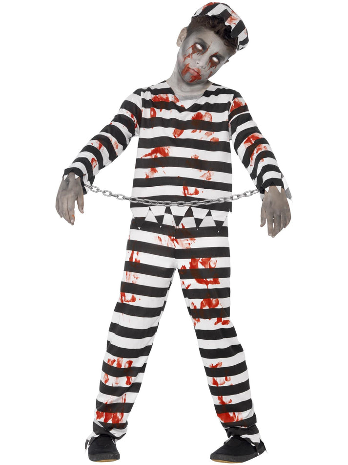 Zombie Convict Costume Kids Black and White Trousers Top Hat and Wrist Cuffs 1