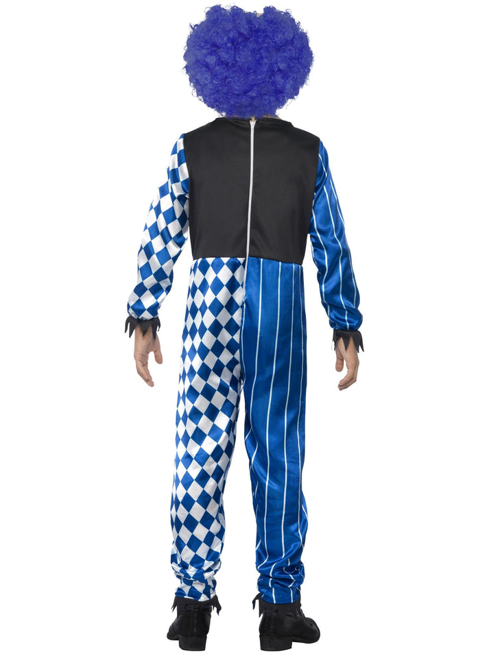 Deluxe Sinister Clown Costume Blue Checked Jumpsuit EVA Mask Attached Brain and Blue Hair