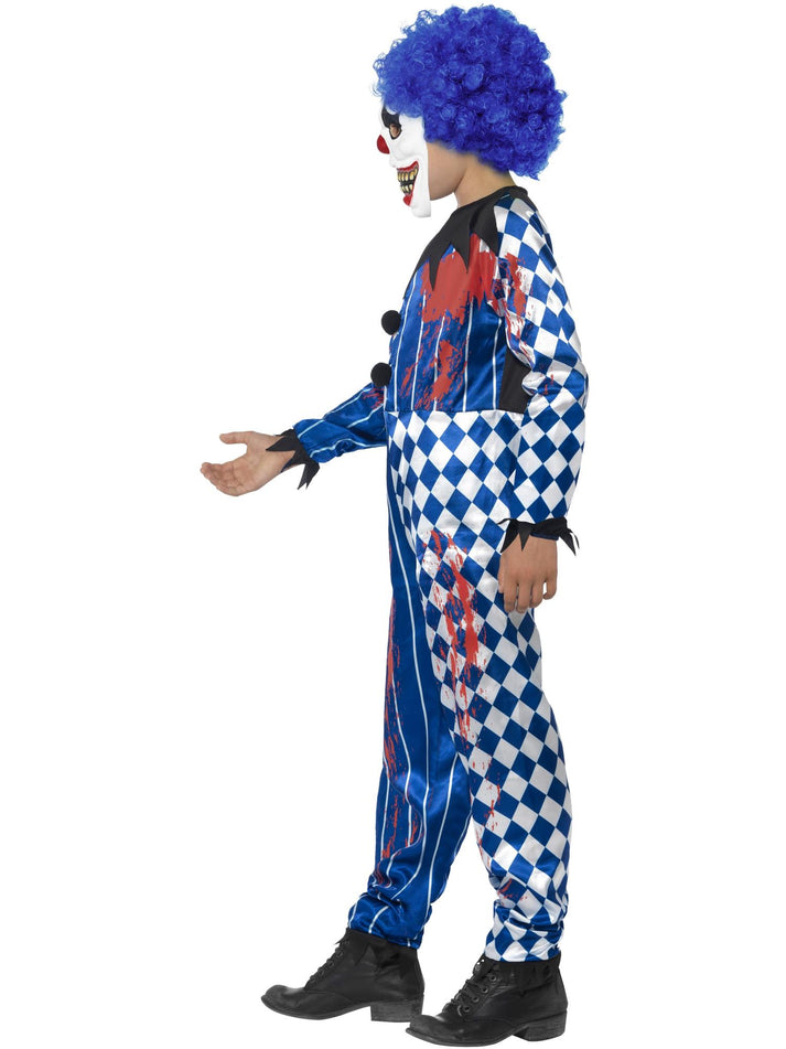 Deluxe Sinister Clown Costume Blue Checked Jumpsuit EVA Mask Attached Brain and Blue Hair