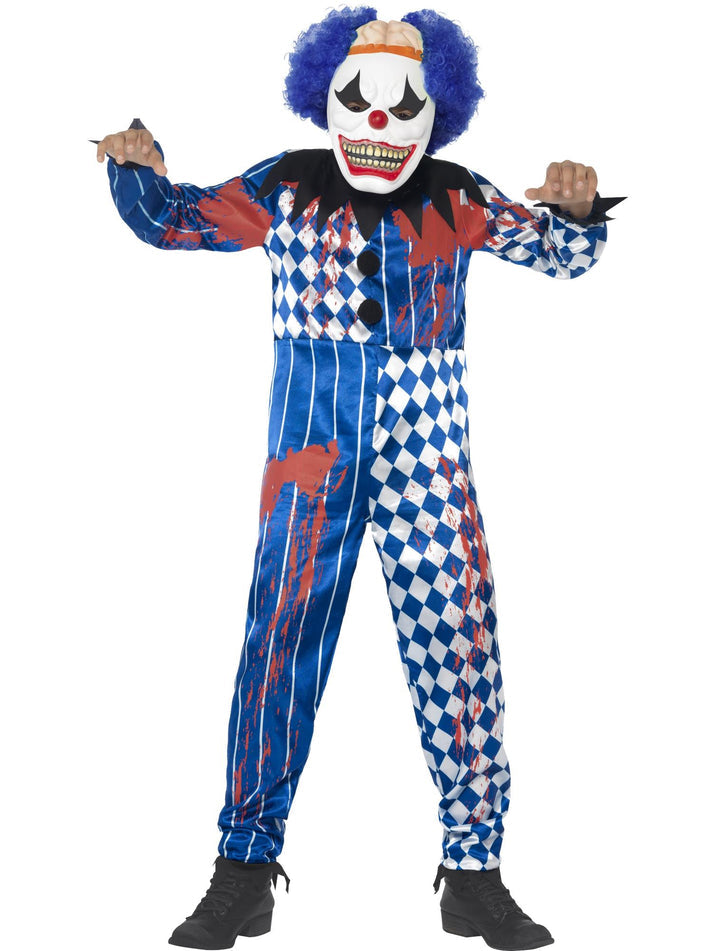Deluxe Sinister Clown Costume Blue Checked Jumpsuit EVA Mask Attached Brain and Blue Hair