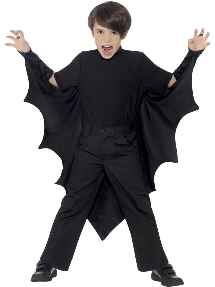 Kids Vampire Bat Wings Black High Collar Attached Gloves Velcro Neck