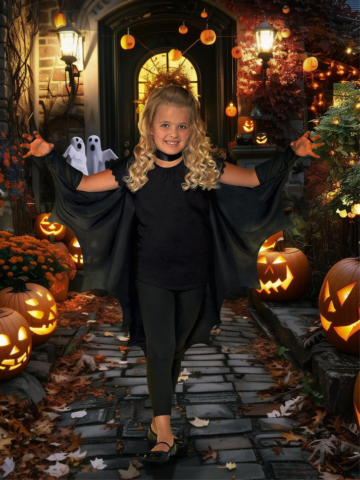 Kids Vampire Bat Wings Black High Collar Attached Gloves Velcro Neck