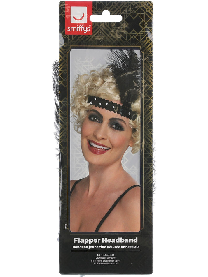 Flapper Headband Black Sequin with Feather Adult Costume Accessory 2
