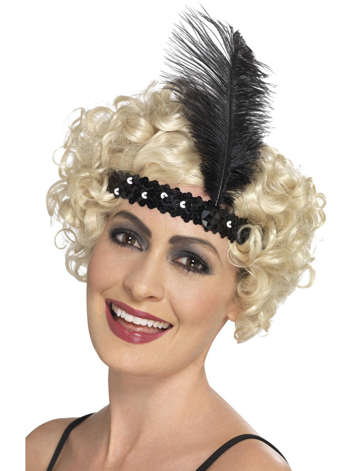 Flapper Headband Black Sequin with Feather Adult Costume Accessory 1