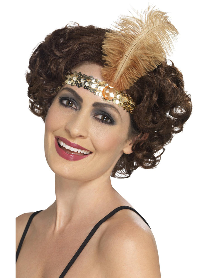 Flapper Headband Gold Sequin with Feather Adult Costume Accessory 1