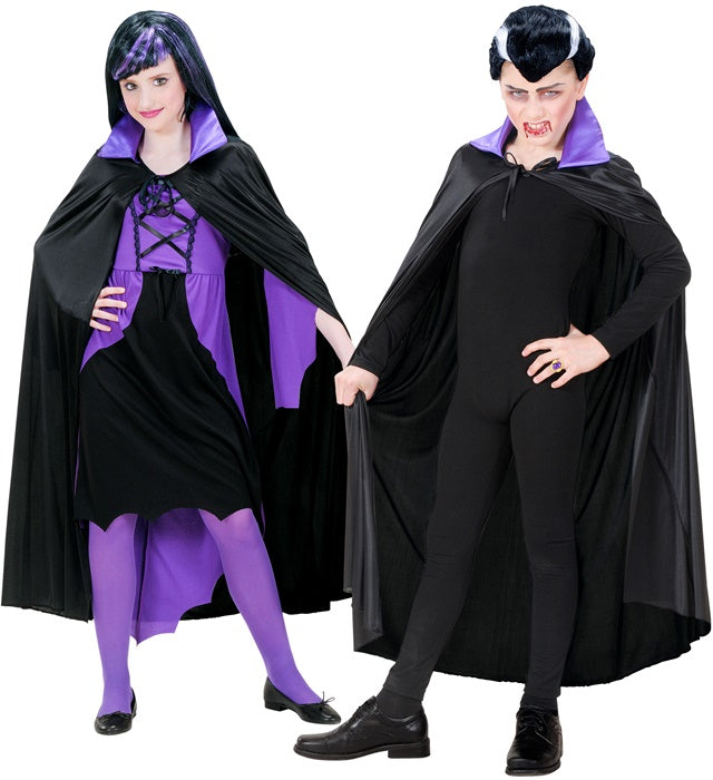 Child Size Black Cape With Purple Satin Collar 110 Cm