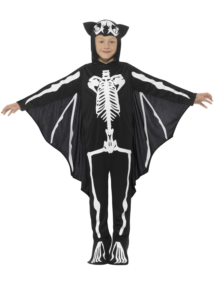 Bat Skeleton Costume Kids Black White Bodysuit with Attached Wings 4
