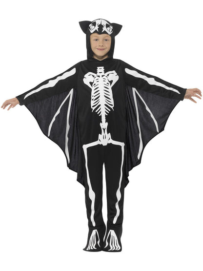 Bat Skeleton Costume Kids Black White Bodysuit with Attached Wings 4