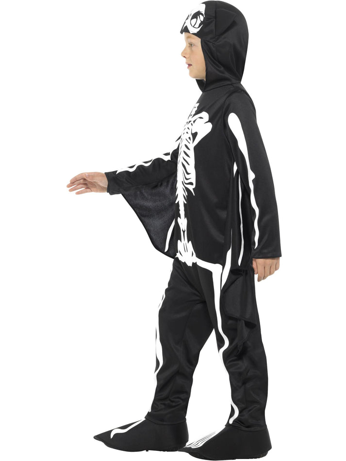 Bat Skeleton Costume Kids Black White Bodysuit with Attached Wings 2