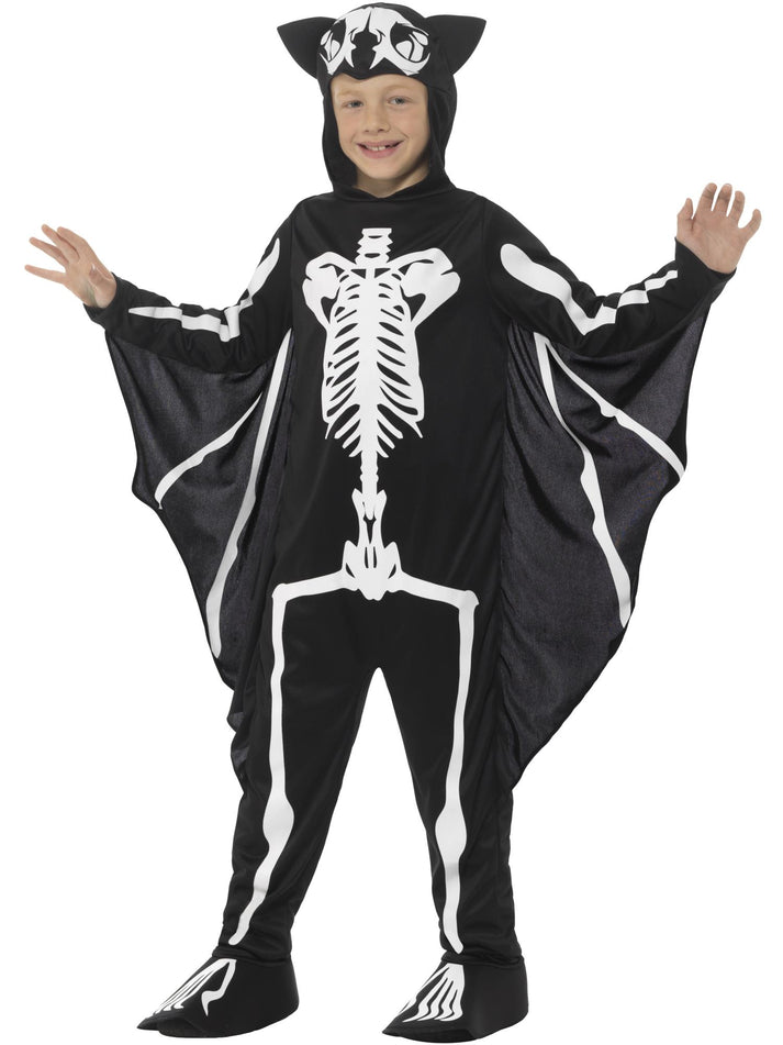 Bat Skeleton Costume Kids Black White Bodysuit with Attached Wings 1