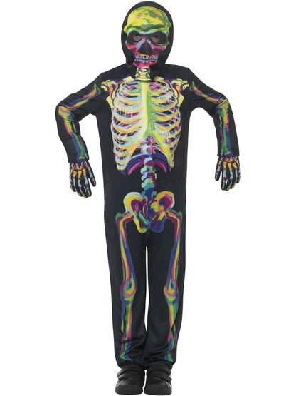Glow In The Dark Skeleton Costume Kids Multi Coloured Jumpsuit Mask and Gloves 4