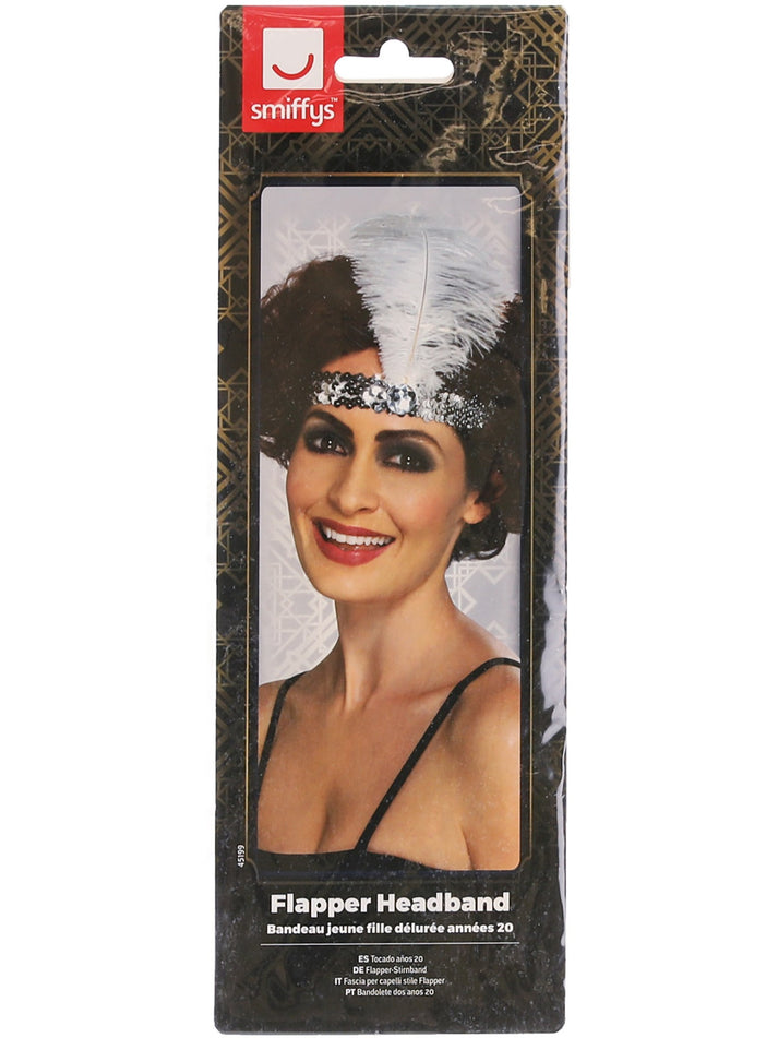 Flapper Headband Silver with White Feather