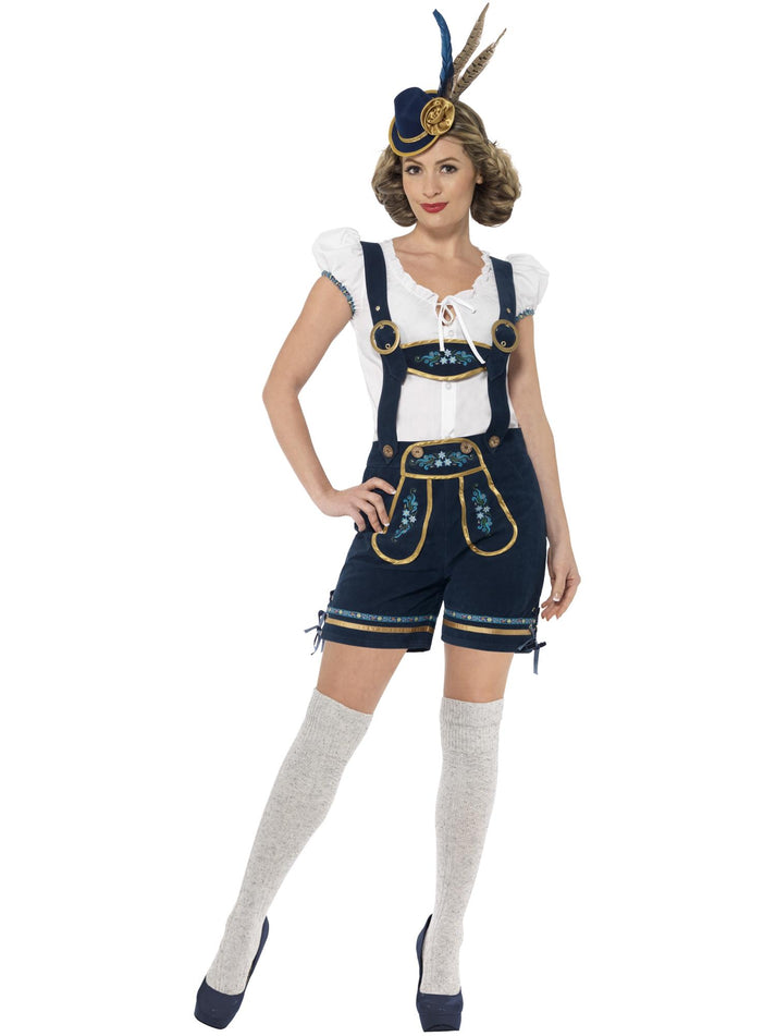 Traditional Deluxe Bavarian Costume Adult Blue Lederhosen White Top 1