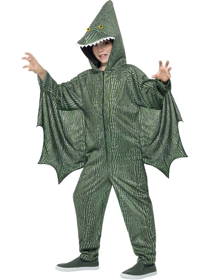 Pterodactyl Dinosaur Costume Kids Green Hooded All In One with Attached Wings 4