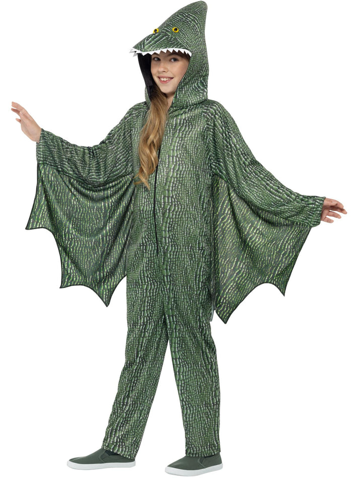 Pterodactyl Dinosaur Costume Kids Green Hooded All In One with Attached Wings 1