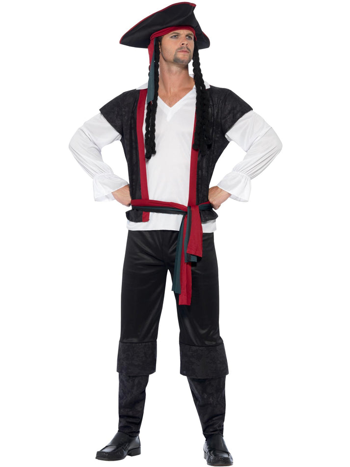 Aye Aye Pirate Captain Costume Adult Black Trousers Top Sash Hat With Hair