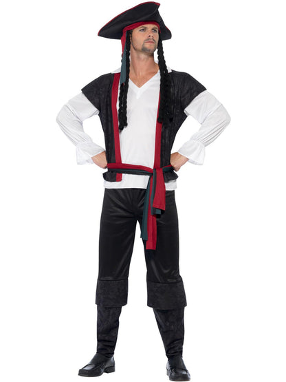 Aye Aye Pirate Captain Costume Adult Black Trousers Top Sash Hat with Hair 3