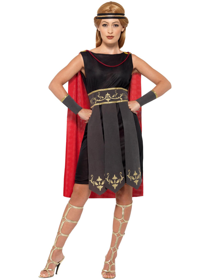 Roman Warrior Costume Adult Black Dress Attached Cape Arm Cuffs Headband 4