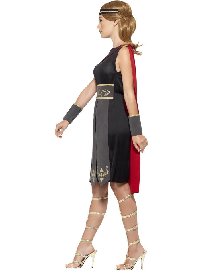 Roman Warrior Costume Adult Black Dress Attached Cape Arm Cuffs Headband 2