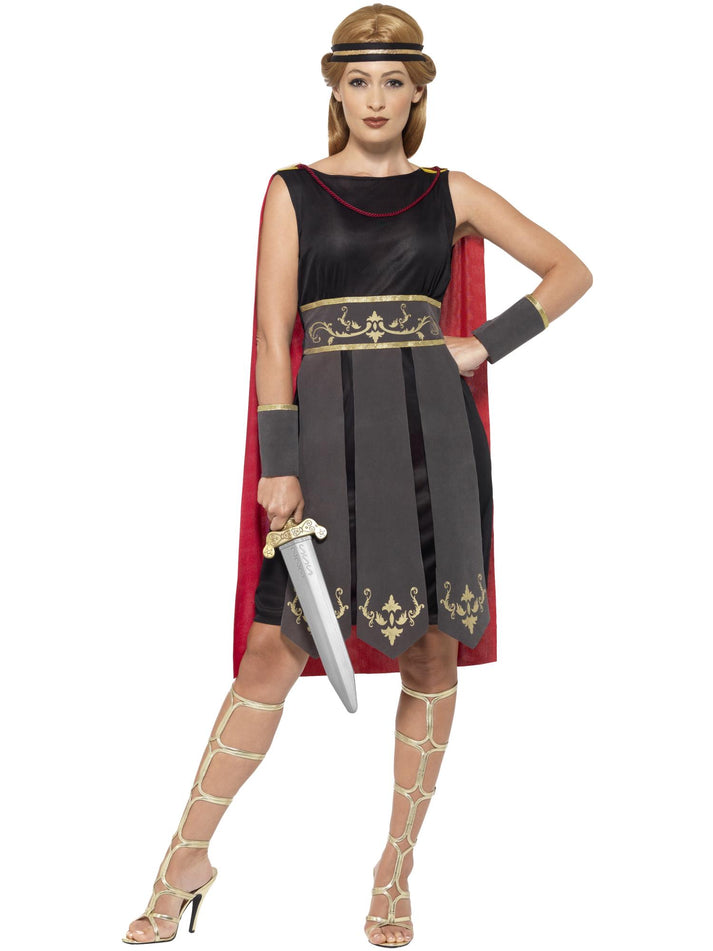 Roman Warrior Costume Adult Black Dress Attached Cape Arm Cuffs Headband
