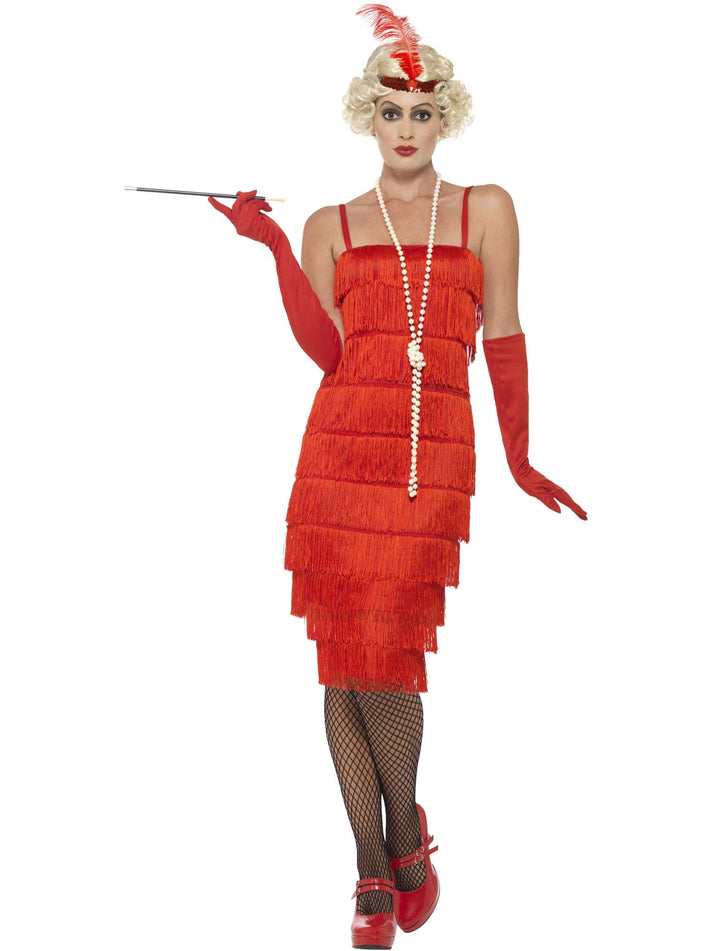 1920s Flapper Costume Adult Long Red Dress Headband Gloves 1