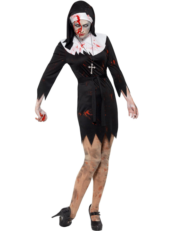 Zombie Sister Costume Womens Black Dress Headpiece Belt and Cross Necklace 4