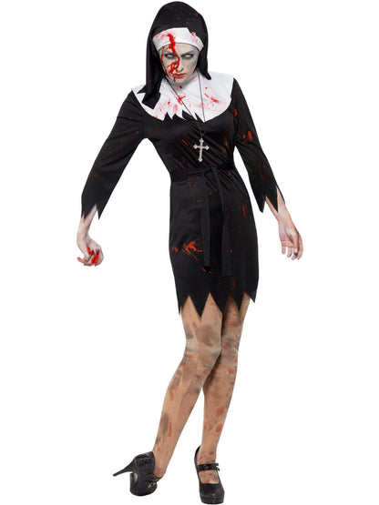 Zombie Sister Costume Womens Black Dress Headpiece Belt and Cross Necklace 4
