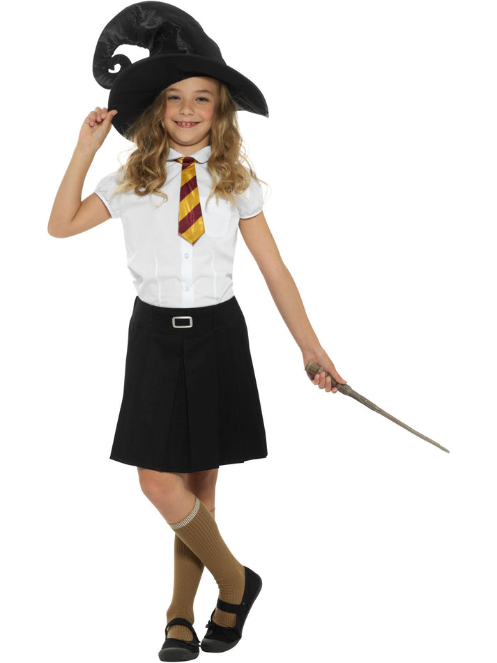 Wizard Kit Kids Black Hat Yellow and Gold Tie 34cm Wand Instant Costume