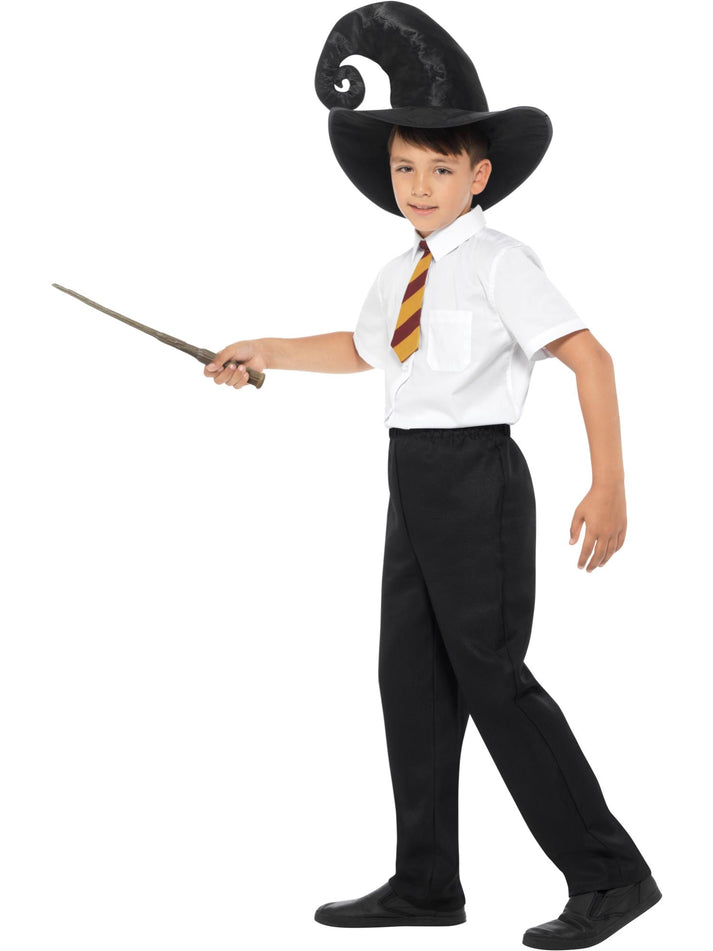 Wizard Kit Kids Black Hat Yellow and Gold Tie 34cm Wand Instant Costume