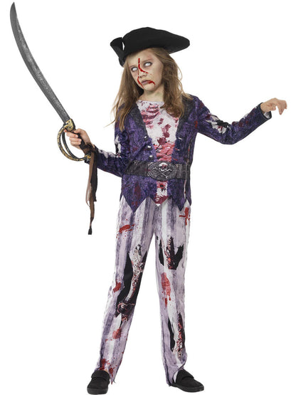 Deluxe Jolly Rotten Pirate Girl Costume Kids Sublimation Print Blue Top Trousers and Hat 4