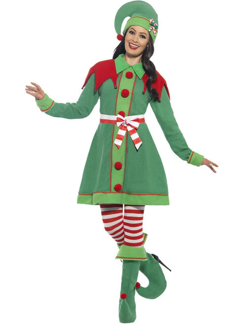 Miss Elf Costume Green Dress Hat Bootcovers Striped Tights and Belt