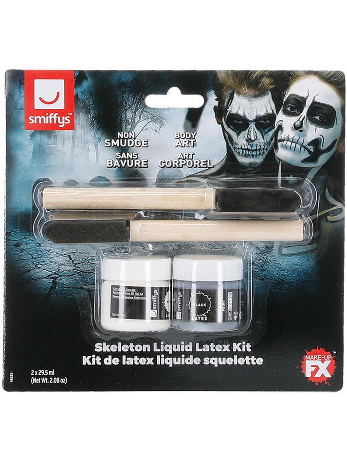 Skeleton Liquid Latex Kit Adult Black And White Make Up Pots 2 Sponge Applicators