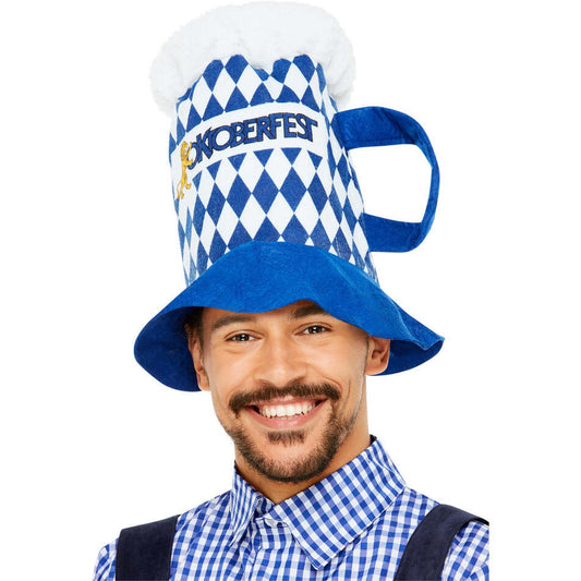 Oktoberfest Beer Hat Blue and White Chequered with Handle Adult Costume Accessory 1