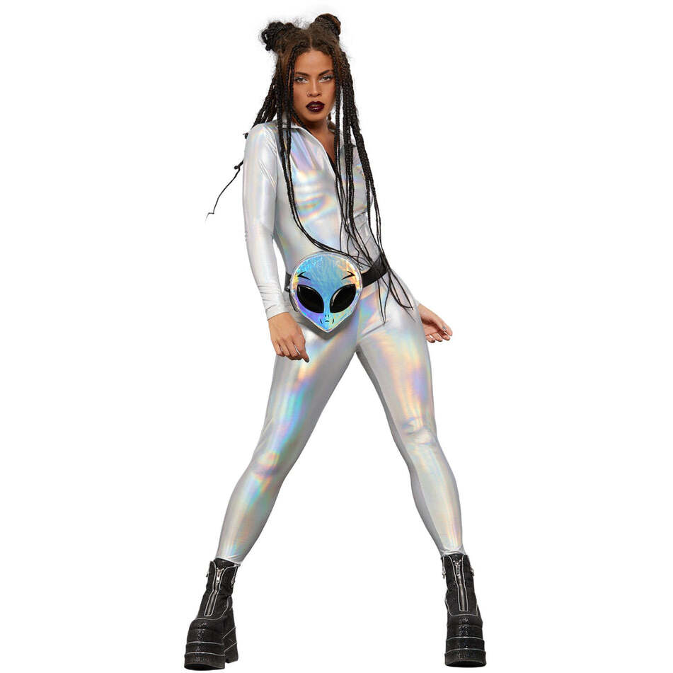 Fever Miss Whiplash Mirror Holographic Zip Up Silver Catsuit 1