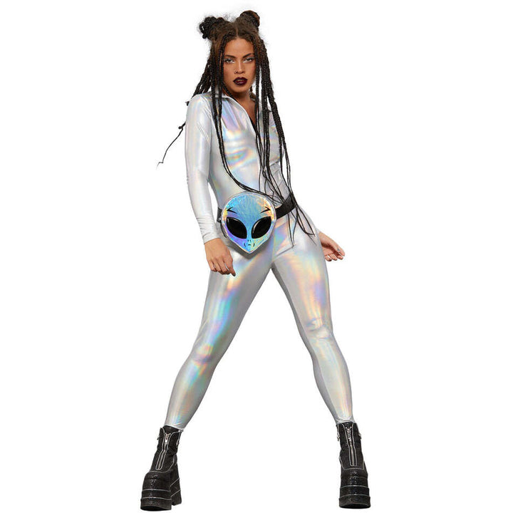 Fever Miss Whiplash Mirror Holographic Zip Up Silver Catsuit 1