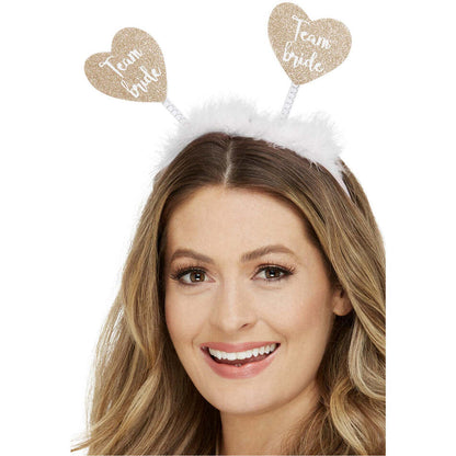 Team Bride Heart Boppers Gold Hearts White Marabou Headband 1