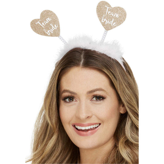 Team Bride Heart Boppers Gold Hearts White Marabou Headband 1