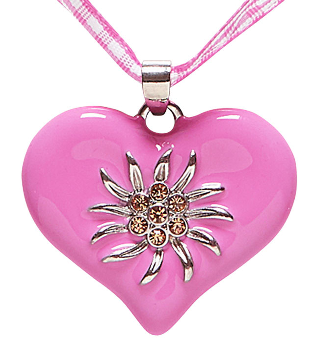 Pink-White Checkered Ribbon Necklace With Strass Edelweiss Heart
