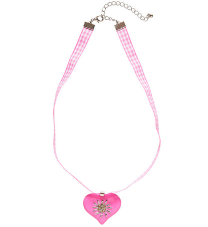 Pink-White Checkered Ribbon Necklace With Strass Edelweiss Heart