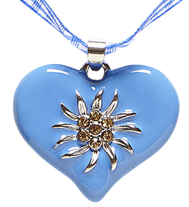 Azure-White Checkered Ribbon Necklace With Strass Edelweiss Heart
