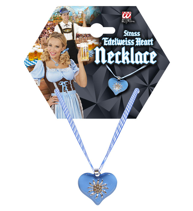 Azure-White Checkered Ribbon Necklace With Strass Edelweiss Heart